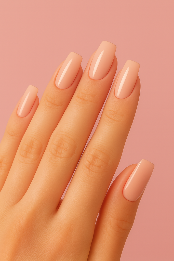 Lähikuva kädestä, jossa on huolitellut, kiiltävällä nudelakalla lakatut neliönmuotoiset kynnet. Vaaleanpunainen tausta korostaa manikyyrin pehmeää ja tyylikästä ilmettä.