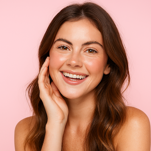 Hymyilevä henkilö koskettaa kasvojaan kevyesti vaaleanpunaisella taustalla. Pitkät ruskeat hiukset ja kirkas, sileä iho korostavat raikasta ja hyvinvoivaa ulkonäköä.