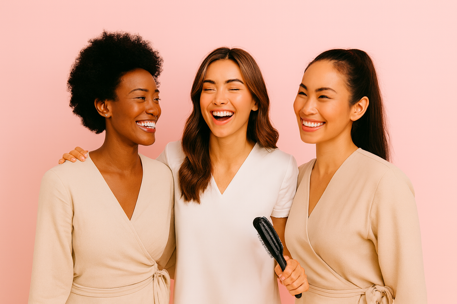 Kolme hymyilevää henkilöä seisoo vierekkäin vaaleanpunaisella taustalla. Keskellä oleva henkilö pitelee mustaa hiusharjaa ja käyttää valkoista yläosaa, kun taas reunimmaiset henkilöt ovat pukeutuneet beigen sävyisiin kietaisupaitoihin – kuva huokuu ystävyyttä, kauneudenhoitoa ja harmonista brändi-ilmettä.