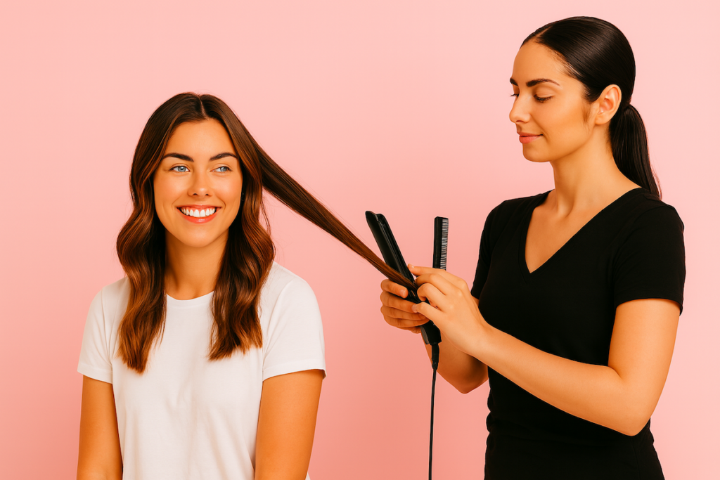 Kampaaja suoristaa asiakkaan hiuksia suoristusraudalla vaaleanpunaisella taustalla. Asiakas istuu ja hymyilee valkoisessa paidassa, kun taas kampaaja seisoo mustassa paidassa ja työskentelee keskittyneesti – kuva tuo esiin hiustenhoidon ammattimaisuuden ja iloisen tunnelman.