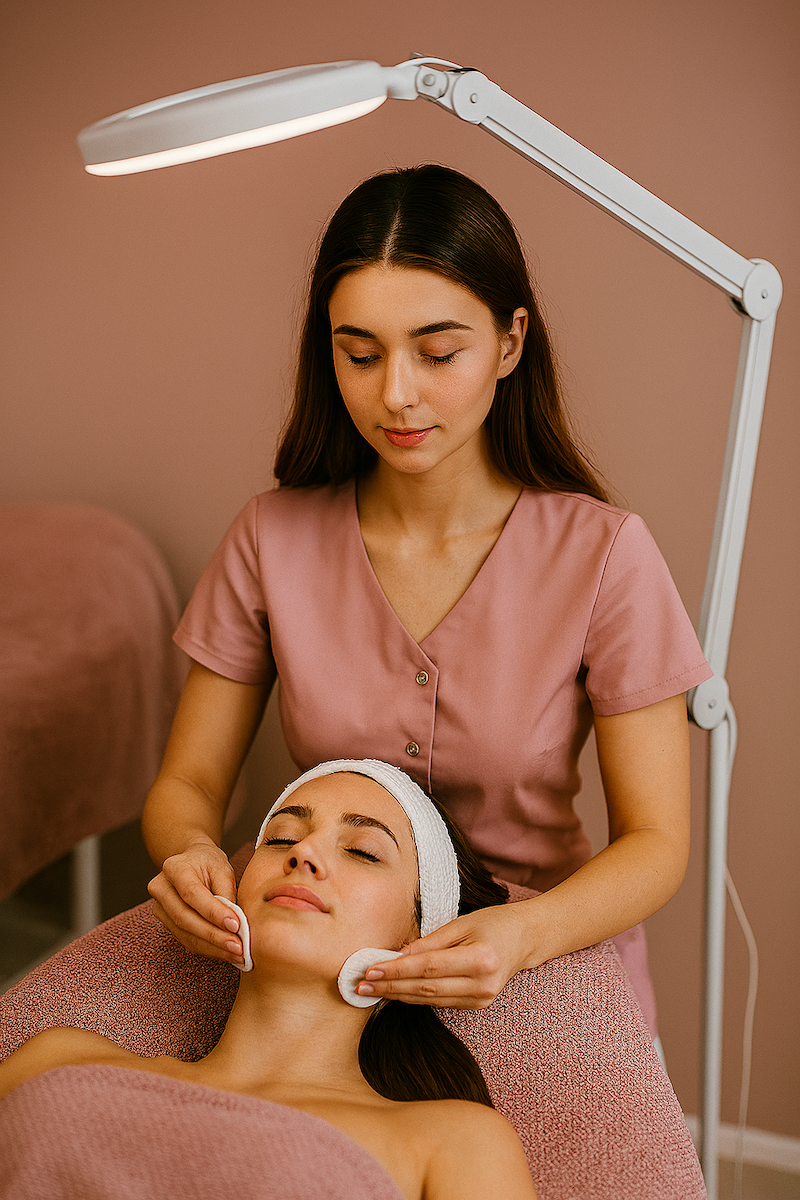 Kosmetologi mauvenvärisessä työasussa asettaa vanulappuja asiakkaan kasvoille kasvohoidon aikana. Asiakas makaa hoitopedillä silmät suljettuina, valkoinen panta hiuksilla ja mauvenvärinen pyyhe yllään. Yläpuolella on suurennuslamppu, ja tausta huokuu rauhallista, vaaleanpunaista spa-tunnelmaa.