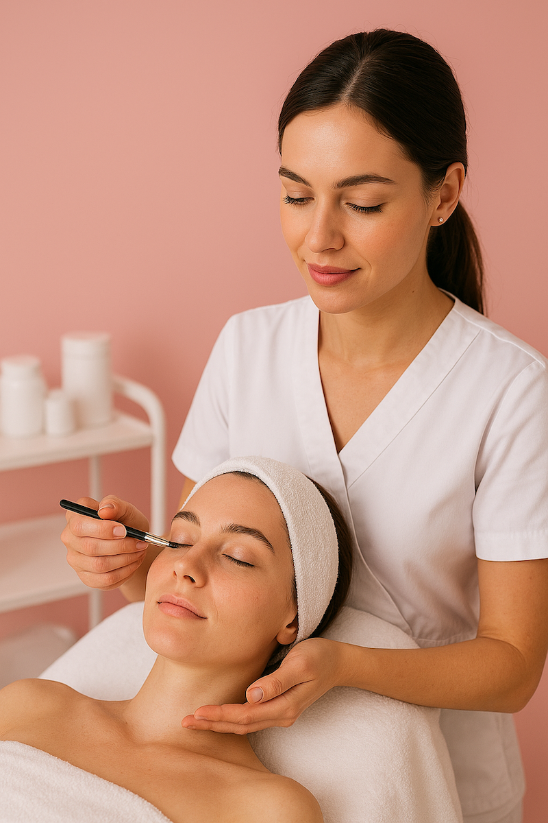 Kosmetologi valkoisessa työasussa levittää tuotetta asiakkaan silmäluomelle pienellä siveltimellä hoitopedillä. Asiakas makaa valkoinen pyyhe ja panta päällään, taustalla näkyy vaaleanpunainen seinä ja hylly, jossa on valkoisia purkkeja – tunnelma on rauhallinen ja ammattimainen